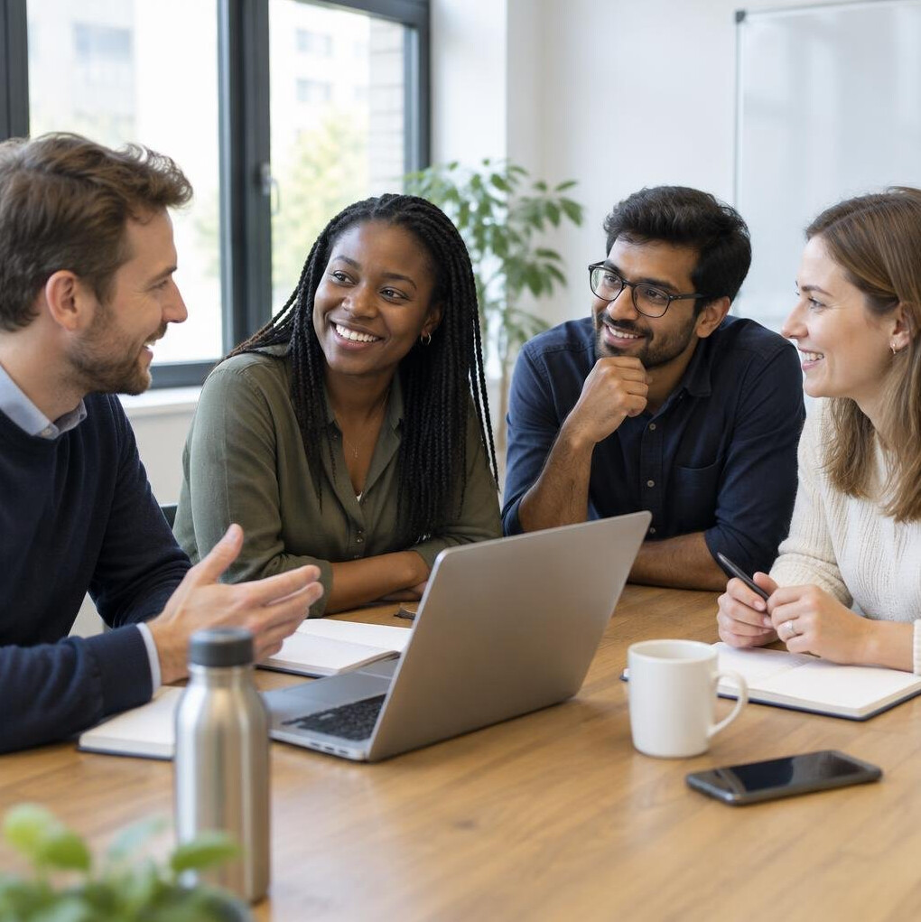 Diverse group of colleagues gathered around a table discussing during a meeting