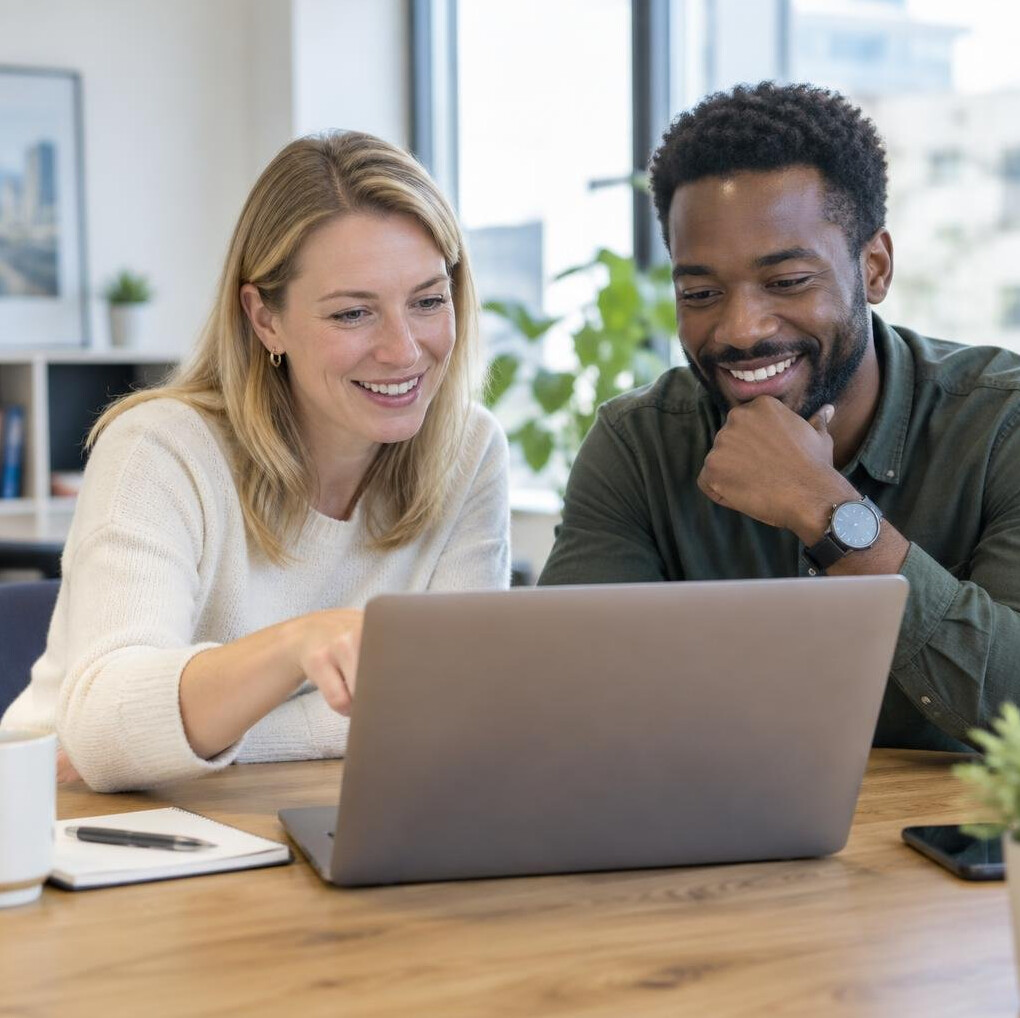 Two colleagues of different ethnicities discussing ideas around a laptop in a bright office